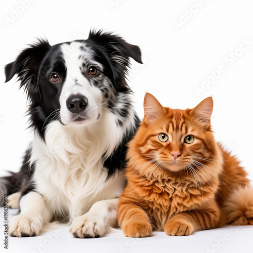A black and white dog and an orange cat are sitting close to each other on a plain white background. They both look towards the camera with interest Generative AI