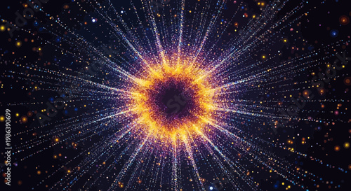 Abstract Digital Explosion of Glowing Particles and Light Rays