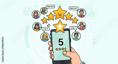 Hand Holding Smartphone with Five Star Rating and Happy Customer Reviews