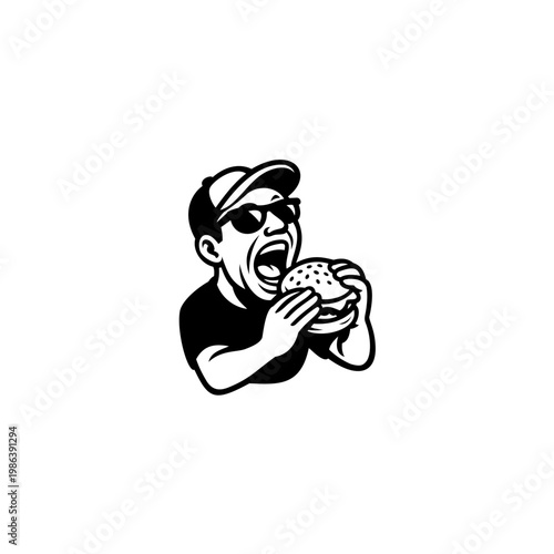 Black and white cartoon illustration of a hungry man wearing sunglasses and a cap, excitedly opening his mouth wide while holding and about to eat a big juicy burger