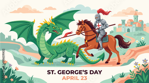 St. George's Day illustration of a knight on horseback battling a dragon on a scenic landscape