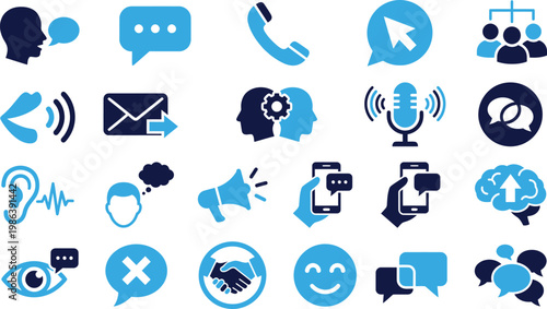 Communication and dialogue icons showing conversation, connection, and feedback exchange.