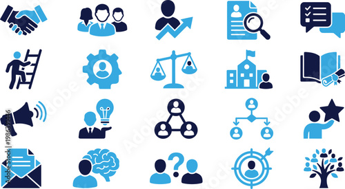 Human resources and career development icons depicting recruitment and professional path.