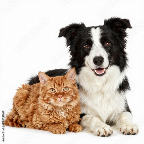 A dog and a cat are lying close to each other on a white background. The dog has black and white fur, while the cat has orange fur. They appear relaxed and friendly Generative AI