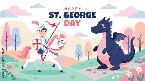 Happy St. George's Day illustration of a knight on horseback fighting a dragon in a colorful landscape