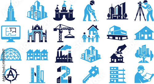 Real estate and construction icons in blue for property development.
