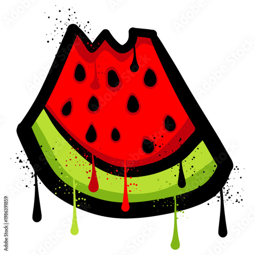 Bitten watermelon slice with spray paint graffiti art