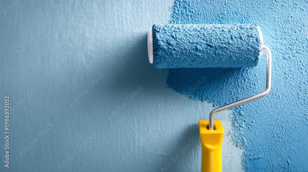 Obraz premium Bright Yellow Roller Paints Blue Texture on Wall with Fresh Finish