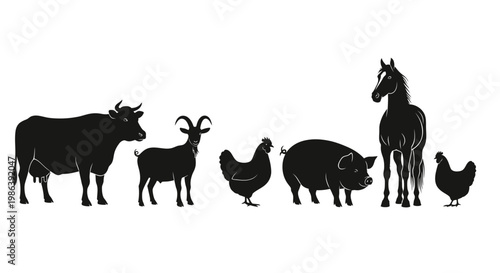 Set of Farm Animal Silhouettes Including Cow Goat Chicken Pig and Horse