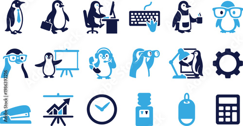 Collection of blue penguin icons representing office work and business activities.