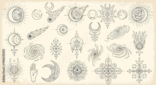 Celestial Esoteric Symbols Set with Planets and Stars