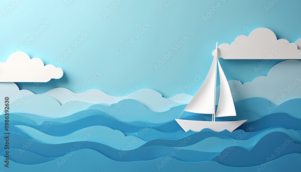 Naklejka premium Paper art boat sails ocean waves under sky. Clouds float above sea. Serene journey, peaceful water, clean design. Minimal, creative, nautical concept for travel and leisure.