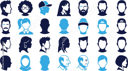 Collection of diverse male and female face profile icons in blue.