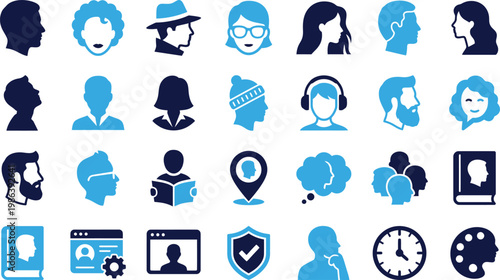 Diverse people profile icons set flat design in blue and navy colors.