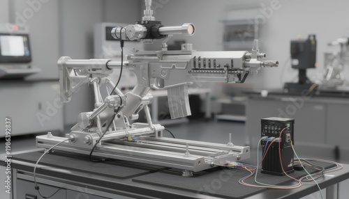 Medium shot of a recoil rig in action precisely simulating firearm recoil cycles with mechanical arms and sensors for function testing and durability analysis.