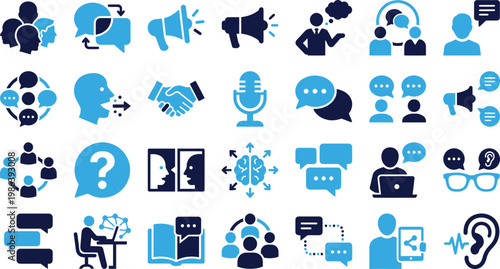 Set of icons representing conversation, business, and communication concepts.