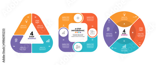 Infographics circle, triangle, square, with 4 options for business presentations, slides, diagrams, charts, banners, posters, web, and annual reports. Vector editable eps