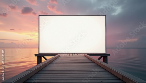Blank billboard with copy space by the sea on wooden pier at sunset