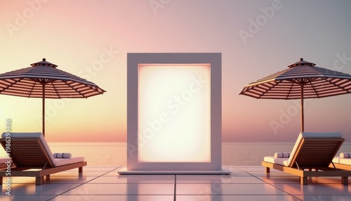 Empty LED billboard with beach chairs and umbrellas at sunset with copy space