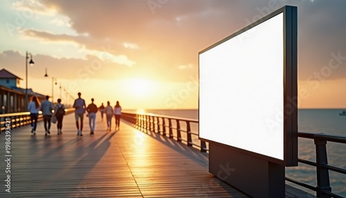 Sunset boardwalk with blank billboard and copy space