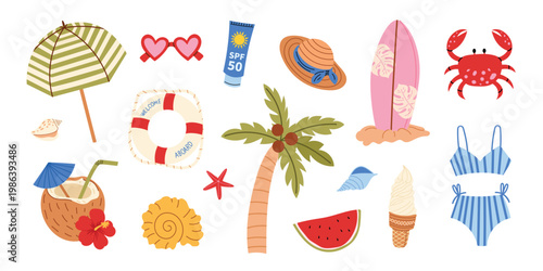 Summer beach set with tropical and vacation elements. Palm tree, surfboard, coconut drink, crab, watermelon, ice cream, umbrella. Collection for travel design. Vector isolated on white background.