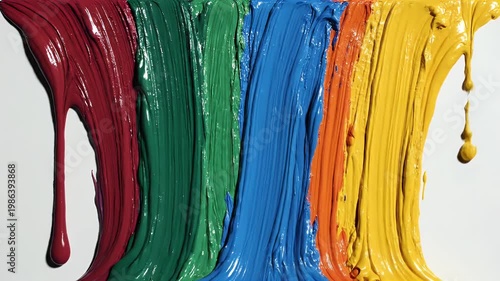 Close-up of a dripping rainbow paint stripe resting on a smooth white surface