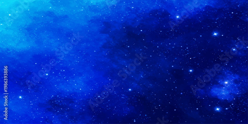 A deep blue abstract universe background features a dark starry night sky filled with a glowing nebula galaxy and fantasy light motion