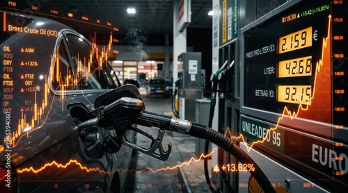 Car refueling at gas station with rising fuel price chart overlay. High petrol costs and inflation concept