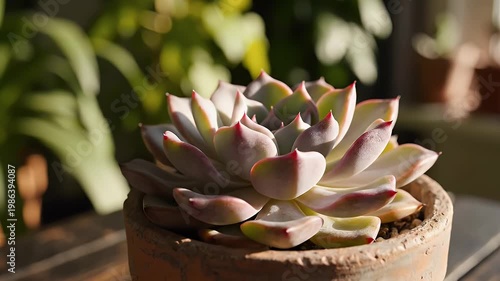 Close-up of a small rosette succulent thriving in a rustic terracotta pot on a wooden table