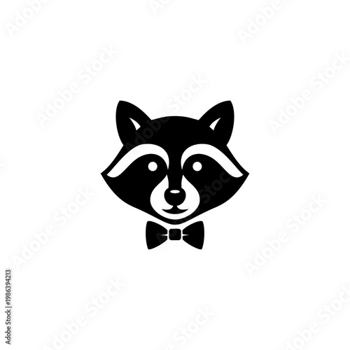 A sophisticated, minimalist vector illustration of a charming raccoon head wearing a stylish bowtie, presented as a black and white icon or logo
