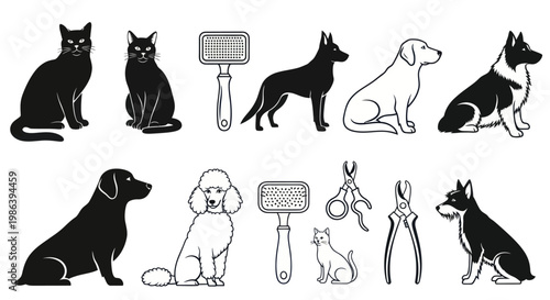 Collection of cat and dog grooming tools and pets