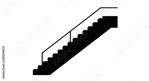 Black silhouette of a staircase with handrail on white background.