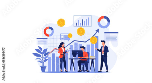 Business team analyzing financial data and growth charts in office vector illustration