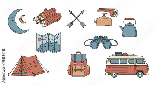 Flat line art icons of camping gear and outdoor adventure equipment