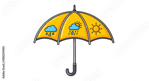 Yellow umbrella with weather forecast icons showing sun and rain