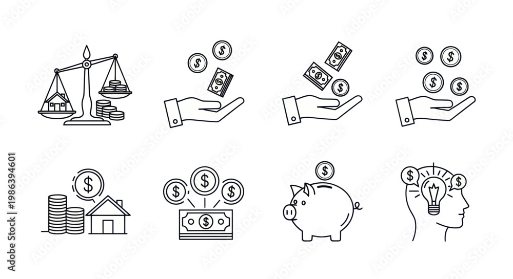 Fototapeta premium Financial icons representing investment, savings, and planning.