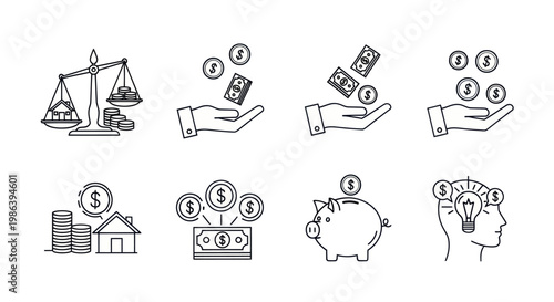 Financial icons representing investment, savings, and planning.