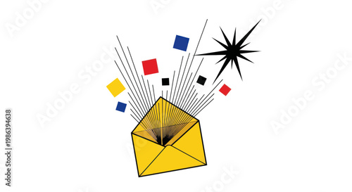 Abstract open envelope with bursting shapes and starburst