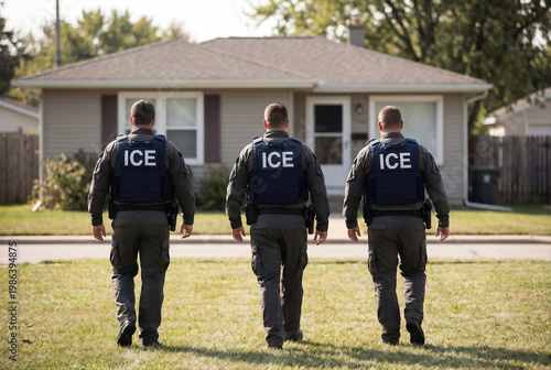 ICE agents breaking into home in suburban residential neighborhood for law enforcement action illustration