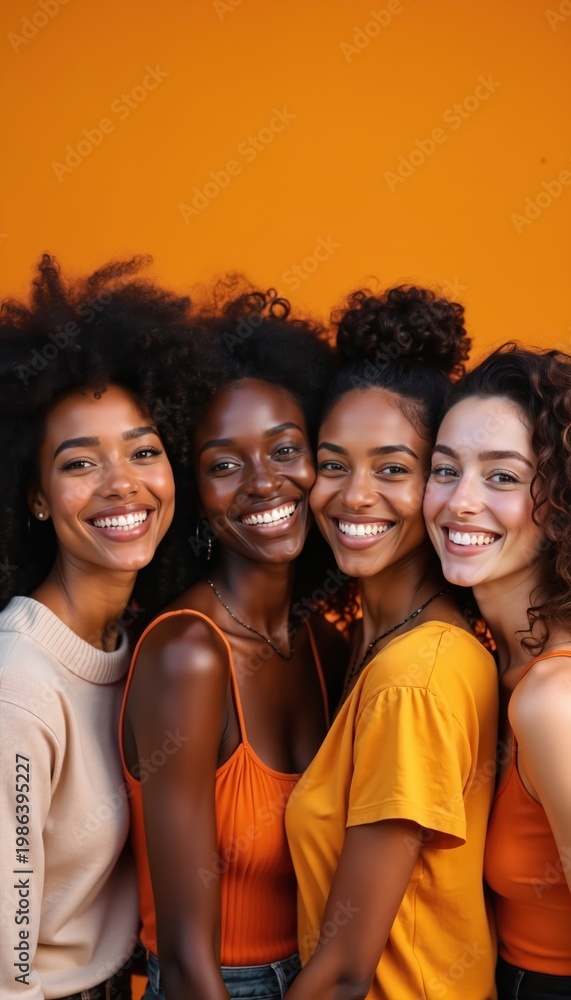 Fototapeta premium Four happy women friends diverse multiracial group close up portrait smiling. They stand together closely, showing strong female bond. Joyful faces express unity confidence and friendship.