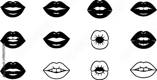 Lips icons in a black filled and outlined style. Set of vector icons vector silhouette illustration isolated on white background