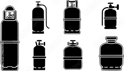 Gas cylinders icons in a black filled and outlined style. Set of vector icons vector silhouette illustration isolated on white background