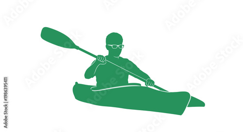 Green Silhouette of Kayaker Paddling Canoe.