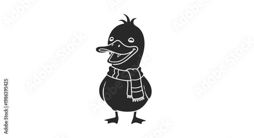 Black and White Cartoon Duck Wearing Scarf.