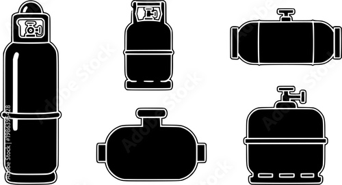 Gas cylinders icons in a black filled and outlined style. Set of vector icons vector silhouette illustration isolated on white background