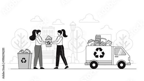 Women Handing Over Recyclable Materials to Truck.