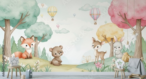 Cute animals in forest watercolor wall mural. Children bedroom interior decoration with fox, bear, deer and bunny. Balloon flying above landscape for nursery or playroom wallpaper design.