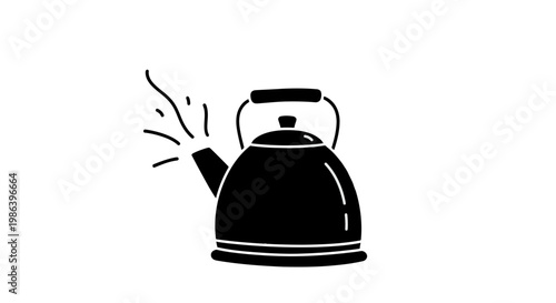 Black Kettle with Steam Emitting from Spout.