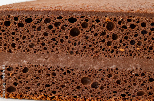 A slice of chocolate sponge cake is placed on a clean surface. The inside shows a light brown layer. The kitchen has natural light coming in through a window Generative AI