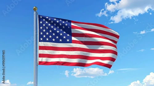 A generic flag waving proudly against a bright blue sky with fluffy white clouds in the background